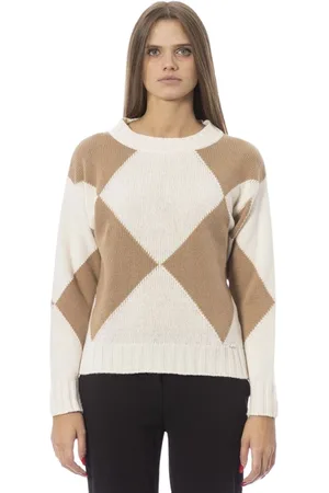 BALDININI Strik, Dame, Flerfarvet, S, Uld, Elegant Beige Sweater med Monogram Detalje