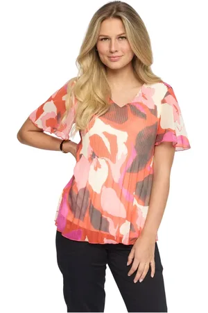 2-Biz Bluser & Skjorter, Dame, Flerfarvet, S, Pink Flower Bluse Elegant Korte Ærmer