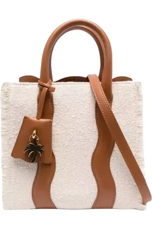 Palm Angels Taske, Dame, Brun, ONE SIZE, Bomuld, Beige Shopper Taske med Lærdetaljer