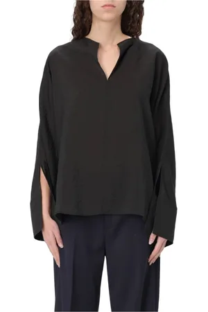 Dondup Bluser & Skjorter, Dame, Sort, XS, Bomuld, Lyocell Bomuld Skjorte V-Hals Box Model