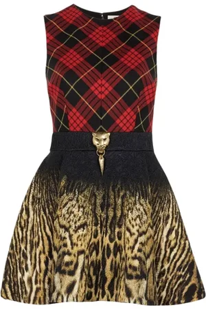 Roberto Cavalli Kjole, Dame, Flerfarvet, XS, Uld, Tartan Ocelot Mini Kjole Panther Tiger