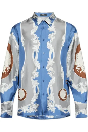 VERSACE Skjorte, Herre, Blå, XL, Silkeskjorte med Medusa Cameo print