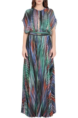 Roberto Cavalli Kjole, Dame, Flerfarvet, S, Polyester, Plisseret lang kjole med metaltråde