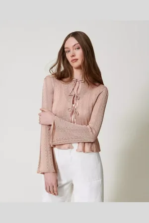 Twin-Set Strik, Dame, Lyserød, M, Polyester, Vendbar Cardigan med Lurex Detaljer
