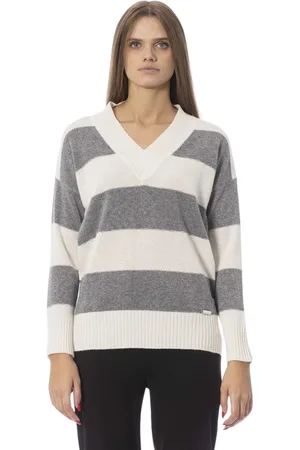 BALDININI Strik, Dame, Grå, M, Uld, Elegant V-hals Pullover med Metallic Monogram