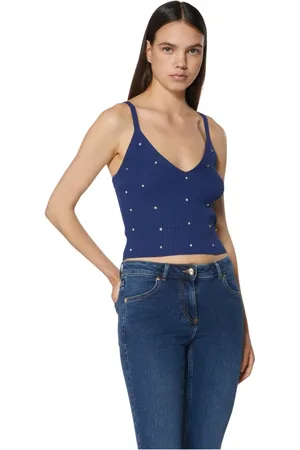 Silvian Heach Top, Dame, Blå, XS, Nylon, Top i jersey med påsatte perler