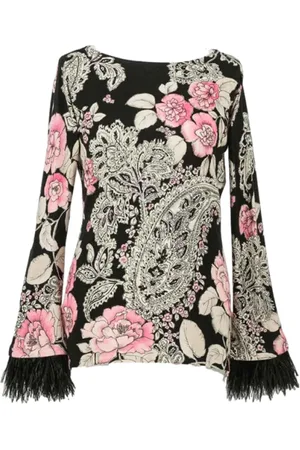 Twin-Set Bluser & Skjorter, Dame, Flerfarvet, XL, Polyester, Sort blomster- og fjerprint top