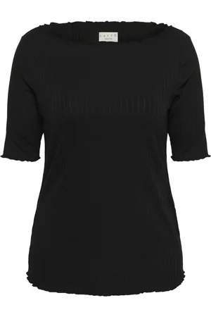 Kaffe Top, Dame, Sort, S, Sort Boatneck T-shirt med Krøllede Kanter