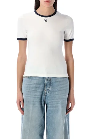 Courrèges Top, Dame, Hvid, S, Bomuld, Hvid Marineblå Kontrast T-shirt