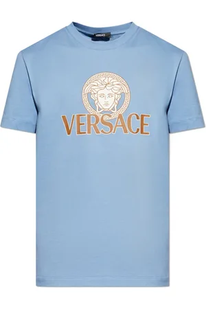 VERSACE Top, Herre, Blå, L, Bomuld, T-shirt med trykt logo