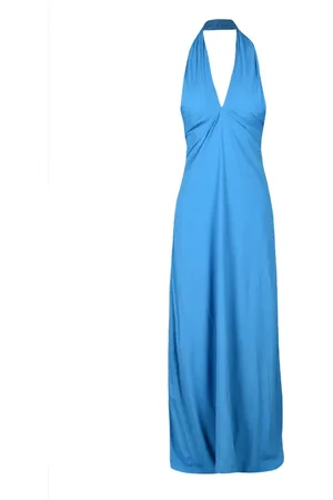 SEMICOUTURE Kjole, Dame, Blå, S, Chiffon, Chiffon Lang Kjole med Åben Ryg