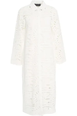Kaos Kjole, Dame, Hvid, S, Uld, Hvid skjortekjole med perforeret broderi