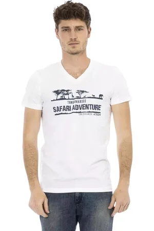 Trussardi Top, Herre, Hvid, XL, Bomuld, Kunstnerisk V-hals T-shirt