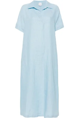 ELEVENTY Kjole, Dame, Blå, XS, Linned, Blåt Linned Maxi Kjole med Slids