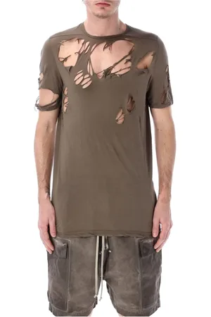 Rick Owens Top, Herre, Brun, S, Bomuld, Bomuld Crew Neck T-shirt med Ripped Detail