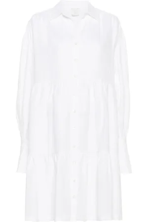 ELEVENTY Kjole, Dame, Hvid, M, Linned, Hvid Linned Midi Kjole med Knapper