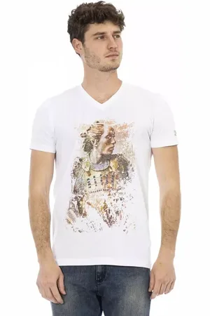 Trussardi Top, Herre, Hvid, M, Uld, Elegant V-hals T-shirt med stilfuld frontprint