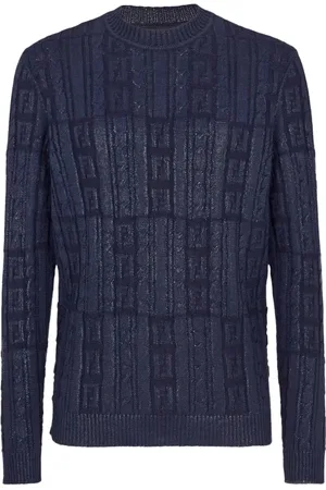 Fendi Strik, Herre, Blå, XL, Uld, Blå Ribstrikket Sweater Regular Fit Italien