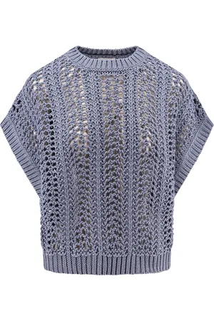 Brunello Cucinelli Strik, Dame, Blå, L, Bomuld, Blå Sweaters Wide Fit Made in Italy