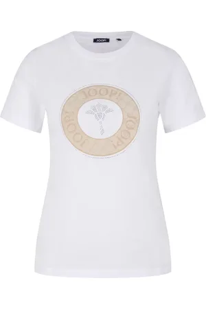 JOOP! Top, Dame, Hvid, XL, Bomuld, Hvid Bomulds T-shirt med Beige Logo og Krystaller