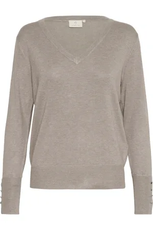 Kaffe Strik, Dame, Grå, XL, Uld, V-Neck Strik Pullover med Knapdetaljer