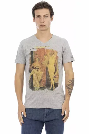 Trussardi Top, Herre, Grå, L, Bomuld, Elegant grå V-hals T-shirt med frontprint