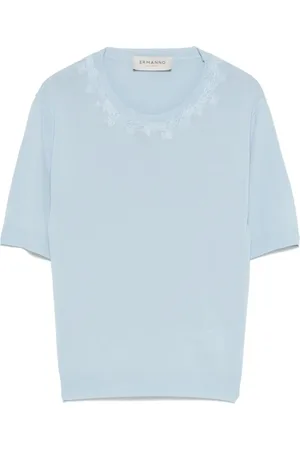 ERMANNO SCERVINO Top, Dame, Blå, XS, Polyester, Blå Blomsterbroderi T-shirt