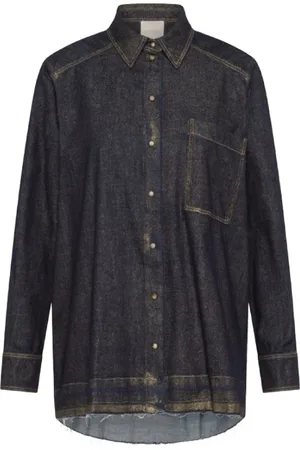 MOMONÍ Bluser & Skjorter, Dame, Blå, XS, Bomuld, Denim bomuldsskjorte med lamineret