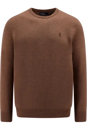 Ralph Lauren Strik, Herre, Brun, 2XL, Uld, Brun sweater med ribbet rund hals