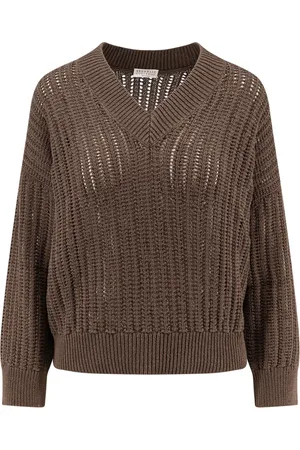 Brunello Cucinelli Strik, Dame, Brun, L, Bomuld, Brun Sweaters med V-hals detalje