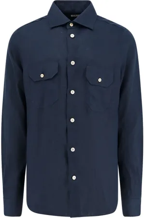 Kiton Skjorte, Herre, Blå, 2XL, Linned, Blå Linnedskjorter med Fransk Krave
