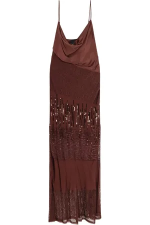 Pinko Kjole, Dame, Brun, S, Brun Draperet Kjole Paillet Broderi