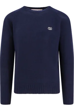VALENTINO Strik, Herre, Blå, M, Uld, Blå Ribstrikket Sweater med Logo Broderi