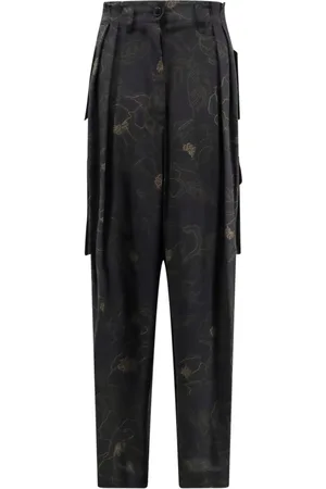 DRIES VAN NOTEN Bukser, Dame, Sort, XL, Sort blomstret vidde silkebukser