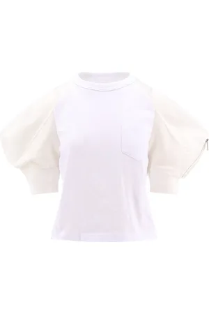 SACAI Top, Dame, Hvid, S, Bomuld, Hvid Ribbet Hals Ballonærme T-shirt