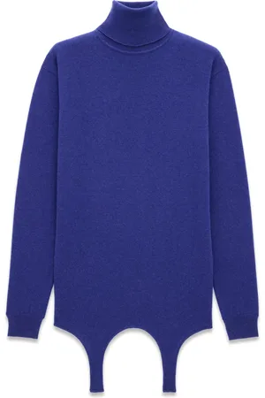 Saint Laurent Strik, Dame, Blå, M, Cashmere, Blå Ribstrikket Cashmere Sweater