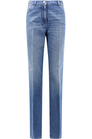 VERSACE Jeans, Dame, Blå, W26, Læder, Blå Jeans med Læder Patch