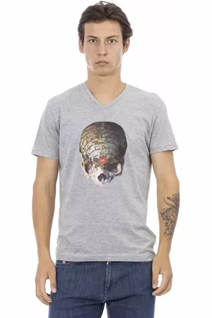 Trussardi Top, Herre, Grå, L, Bomuld, Klassisk V-hals T-shirt med Frontprint