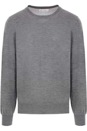 Brunello Cucinelli Strik, Herre, Grå, 4XL, Cashmere, Blå Ribstrikket Crewneck Sweater