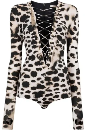 Roberto Cavalli Top, Dame, Sort, XS, Uld, Leopard Print Bodysuit med Lace-Up V-Neck