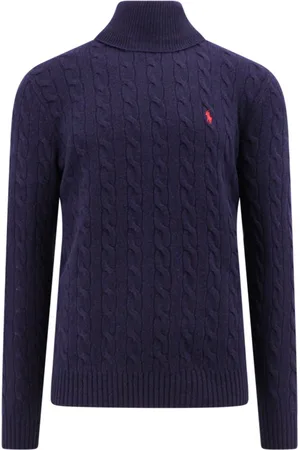 Ralph Lauren Strik, Herre, Blå, XL, Uld, Blå Ribstrikket Langærmet Sweater