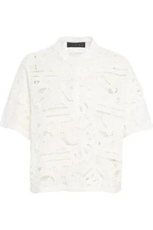 Kaos Top, Dame, Hvid, S, Tyl, Hvid Bluse med Ståkrave og Broderi