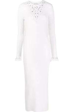 Paco rabanne Kjole, Dame, Hvid, M, Uld, Hvid Strik Kjole med Blonder