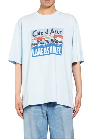 LANEUS Top, Herre, Blå, S, Uld, Grafisk Logo Print Jersey T-Shirt
