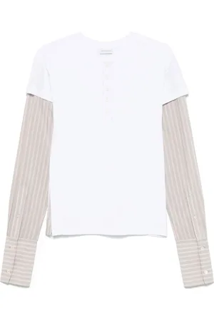 DRIES VAN NOTEN Top, Dame, Hvid, XS, Uld, Hvid Henley Hals Stribet T-shirt