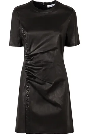 Paco rabanne Kjole, Dame, Sort, M, Læder, Mini Læder Kjole Knap Front Draperet