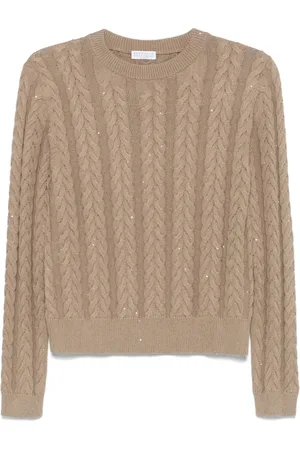 Brunello Cucinelli Strik, Dame, Brun, M, Taupe Brun Paillet Crew Neck Sweater