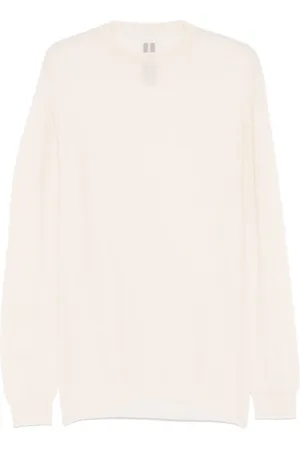 Rick Owens Strik, Herre, Hvid, M, Uld, Crew Neck Sweater med ribdetaljer