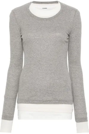 Jil Sander Top, Dame, Grå, M, Bomuld, Ribstrikket Rund Hals T-shirt