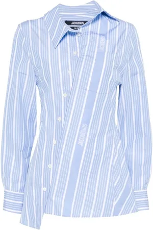 Jacquemus Bluser & Skjorter, Dame, Blå, S, Bomuld, Blå/Hvid Bomuldsskjorte med Asymmetrisk Design
